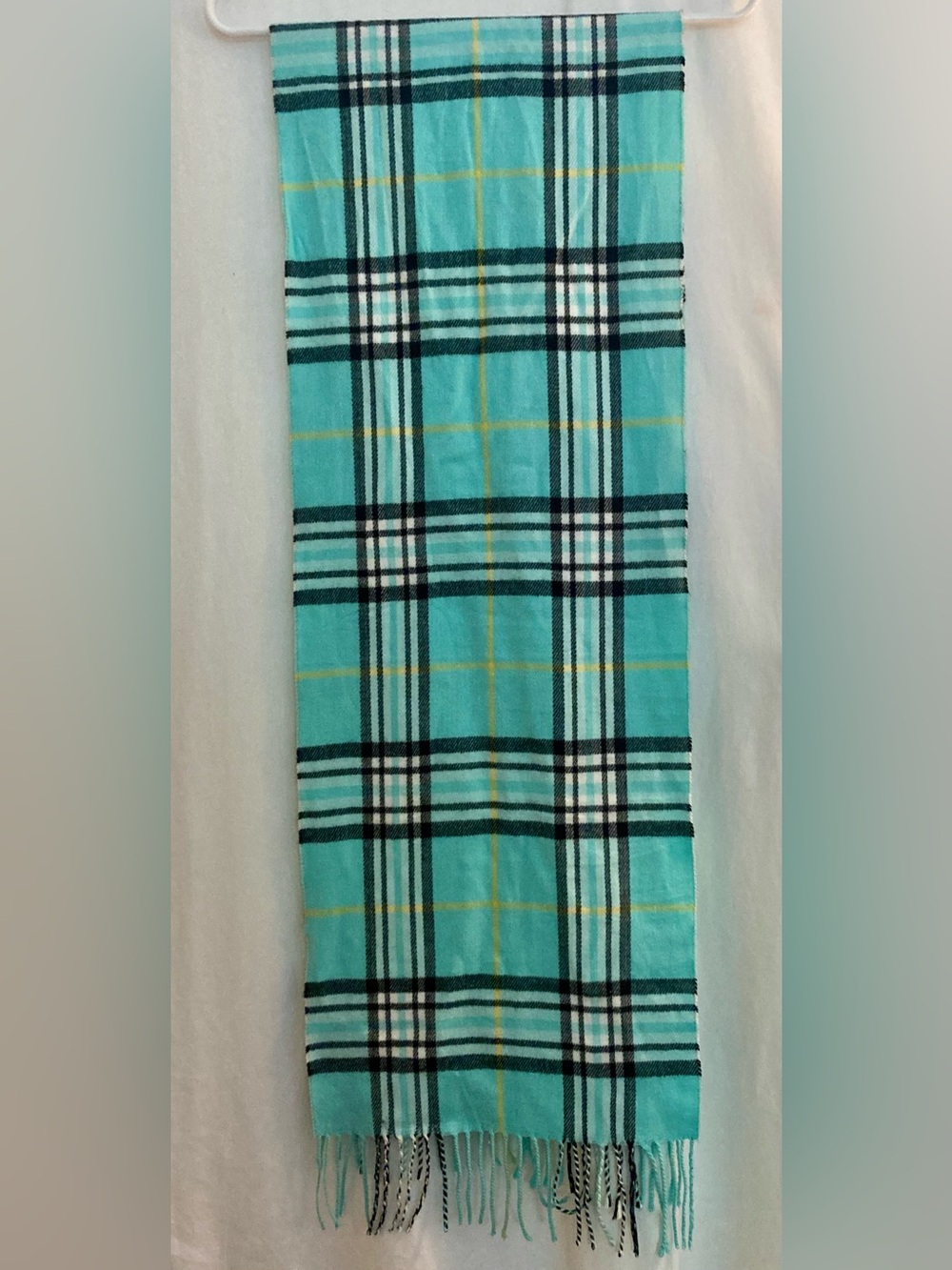 Turquoise Cashmere Feel Plaid Scarf with Fringe Size 76”x13”